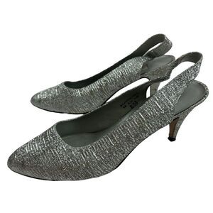 Pierre Dumas Designer Collection Silver Metallic Sling Back Heel Pointed 8.5M